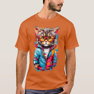 Graffiti Colorful Little Cat Wearing Glasses T Shirt