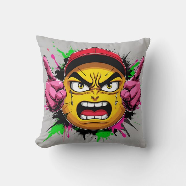 "Graffiti Emoji Rage – Ilsket Ansikte med Keps och Kudde (Framsida)