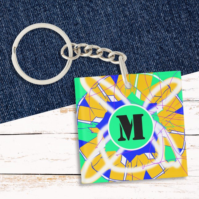 Graffiti Gatukonst Modern Färgglad Monogram (A monogrammed keyring with abstract colorful design inspired by graffiti and street art)