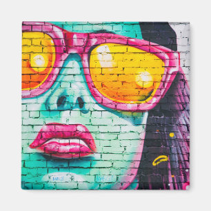Graffiti Girl street art pop teal rosa gult Magnet