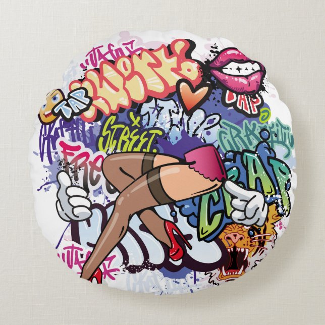 Graffiti illustration med street graffiti brev rund kudde (Framsidan)