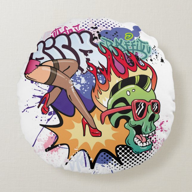 Graffiti illustration med street graffiti brev rund kudde (Framsidan)
