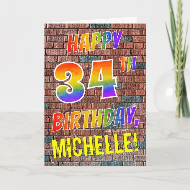 Graffiti Inspired Rainbow Titta LYCKLIG 34 BIRTHDA Kort (Framsida)