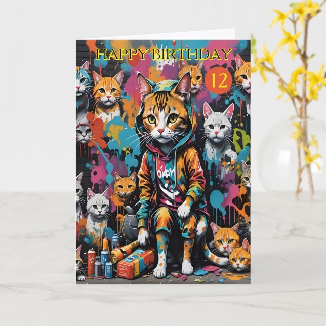 Graffiti Konstnärslegenden Cat 12-Årsdag Kort (Gul blomma)