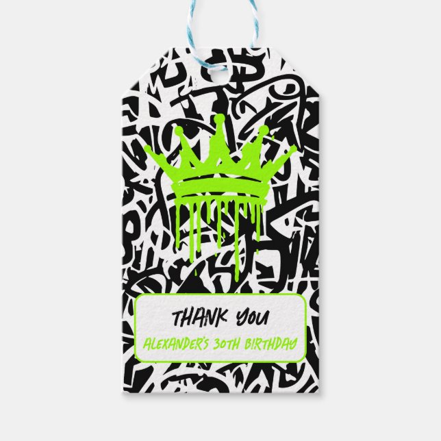 Graffiti Krona Grönt Orange Tack Birthday Presentetikett (Framsidan)