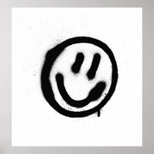 Graffiti leende ansikte-emoticon i svart på whites poster