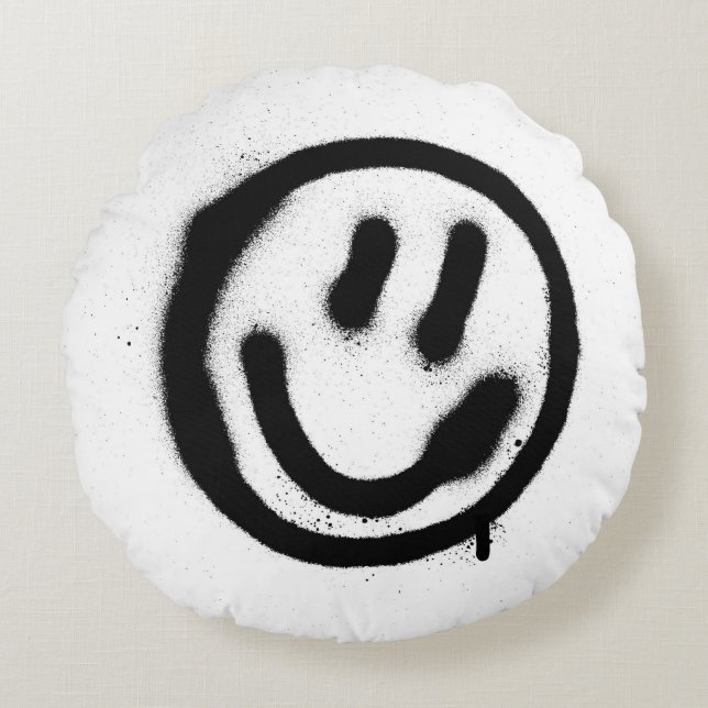 Graffiti leende ansikte-emoticon i svart på whites rund kudde (Framsidan)