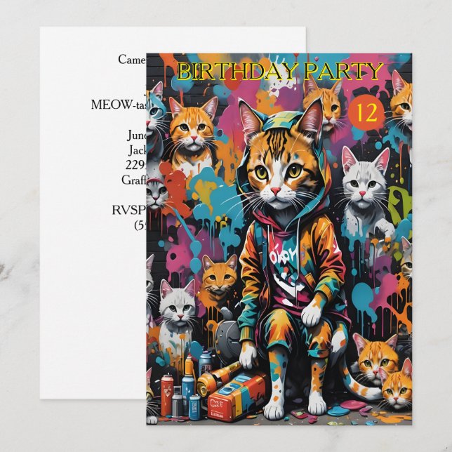 Graffiti Legend Street Cat 12:e Birthday Inbjudningar (Fram/baksida)