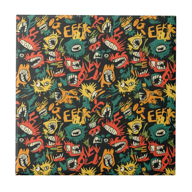 Graffiti Monster Eek Svart Halloween Kakelplatta (Framsidan)
