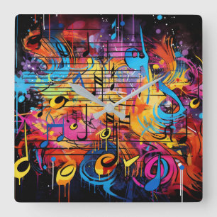 Graffiti Musik noter Wall Clock Fyrkantig Klocka