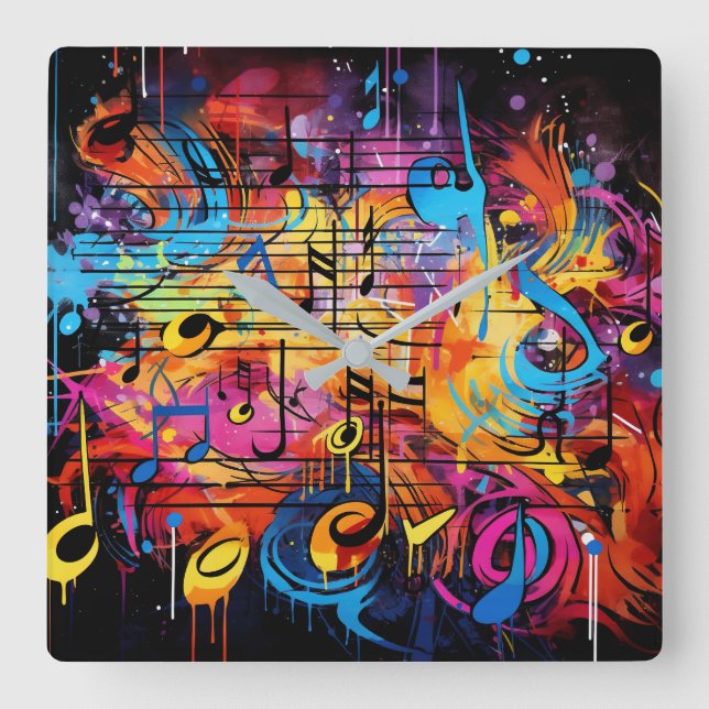 Graffiti Musik noter Wall Clock Fyrkantig Klocka (Framsida)