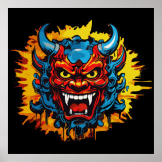 Graffiti Oni Mask Illustration, djärv och unik kon Poster