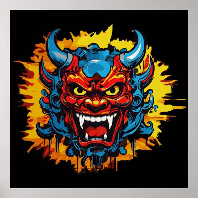 Graffiti Oni Mask Illustration, djärv och unik kon Poster (Framsidan)