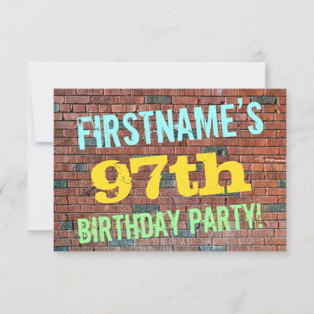 Graffiti på tegelvägg inspirerad 97-årsdag + namn inbjudningar (Framsida)