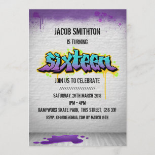 Graffiti Paint Sixtonde Birthday Inbjudan