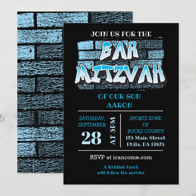 Graffiti Pub Mitzvah Brick Wall Splatter Inbjudan (Fram/baksida)