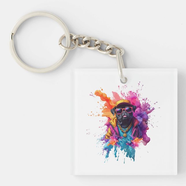 "Graffiti Pug Keychain – Urban Street Art Dog  (Framsidan)