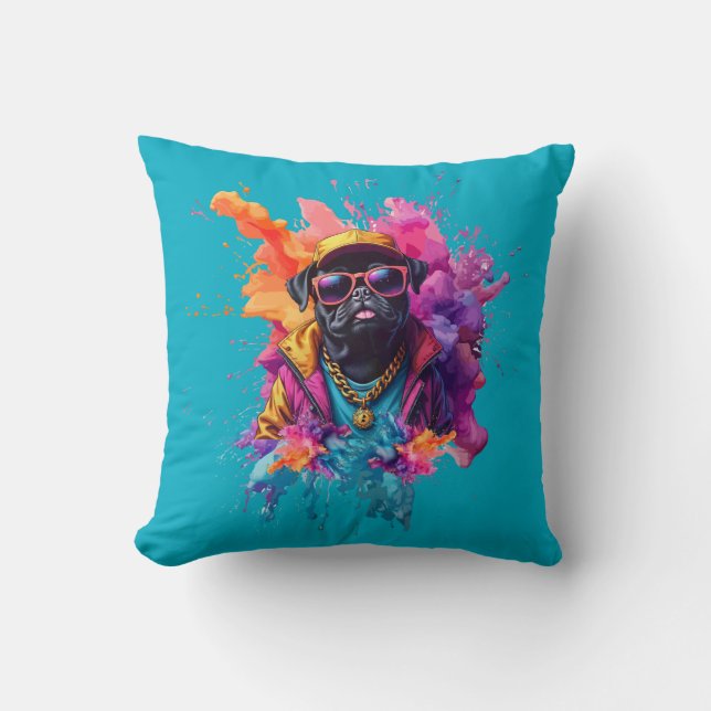"Graffiti Pug Throw Pillow – Urban Street Art Dog  Kudde (Framsida)