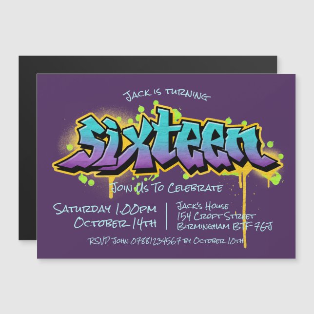 Graffiti Sixtton Magnetisk Inbjudningskort (Fram/baksida)