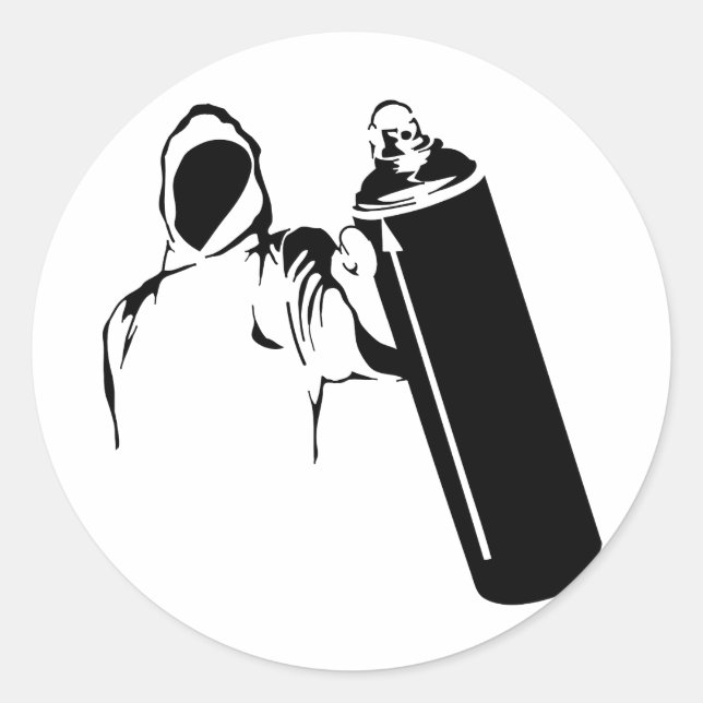 Graffiti-skrivare med sprejburk runt klistermärke (Framsida)