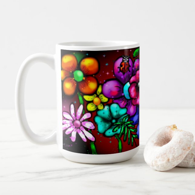 Graffiti Stil Flowers & Ladybug Rosa Lila Red Kaffemugg (Med munk)