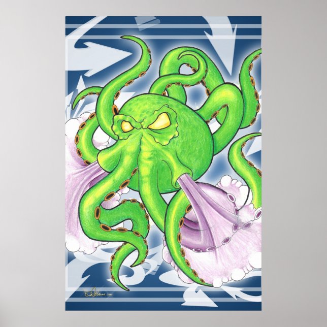 Graffiti Stil Grönt Octopus Poster (Framsidan)