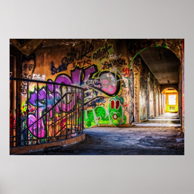 Graffiti Street Art Abandoned Byggnad Staircase Poster (Framsidan)