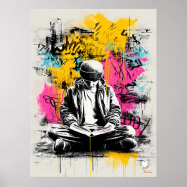Graffiti Street Art Poster - Boy Reading Urban