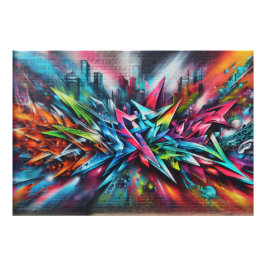 Graffiti Streetart auf Ziegelwand mit Skyline  Fototryck