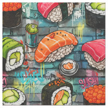 Graffiti Sushi Sömlöst Mönster Tyg