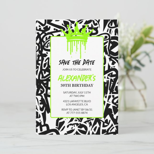 Graffiti Svart Grön 30-årsdag Save the Date Inbjudningar (Stående Fram)