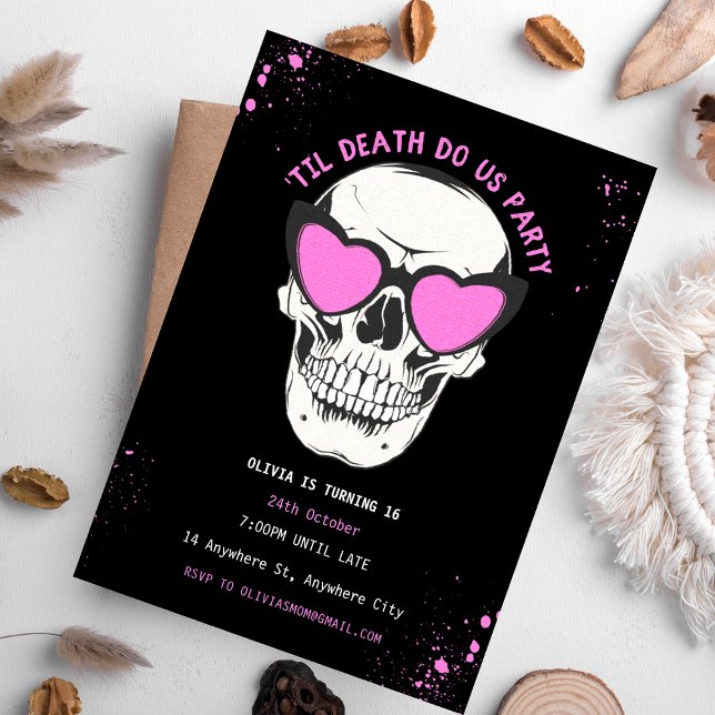 Graffiti Svart och Rosa Dödskalle Festinbjudan Inbjudningar (Black and Pink Skull Birthday Party Invitation)