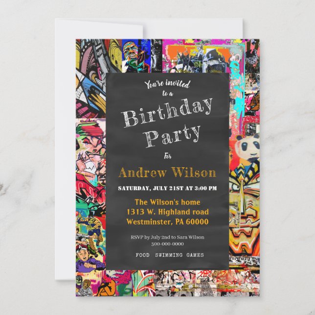 Graffiti-väggkollage med chalkboard inbjudningar (Framsida)