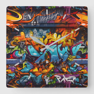 Graffiti Wall Clock Fyrkantig Klocka