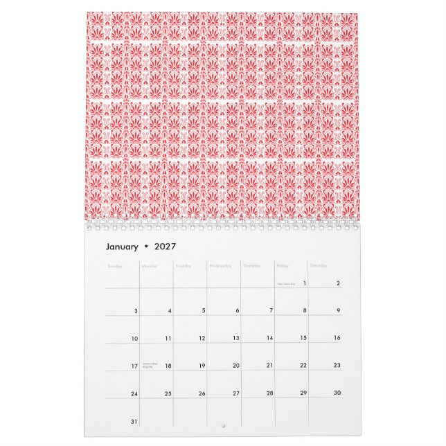 Grafik av röd och rosa blommigt med geranium i kalender (Jan 2027)