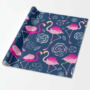 Grafik mönster av rosa flamingos på mörk blått b presentpapper