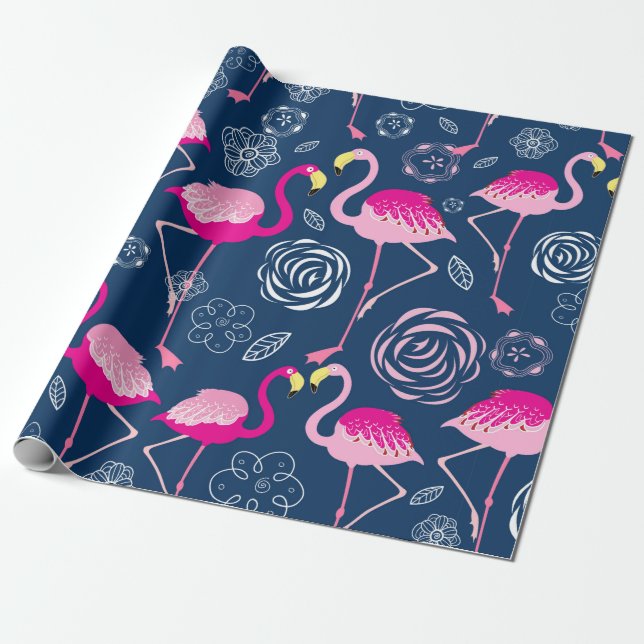 Grafik mönster av rosa flamingos på mörk blått b presentpapper (Utrullad)