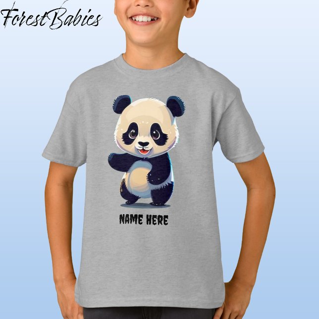 Grafik över Tecknad av kalkburk för spädbarn T Shirt (🐼 Panda Bear, Gray Customizable ForestBabies T-shirt - Front)