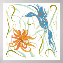 Grafikblått fåglar och Paradise-fågel Poster