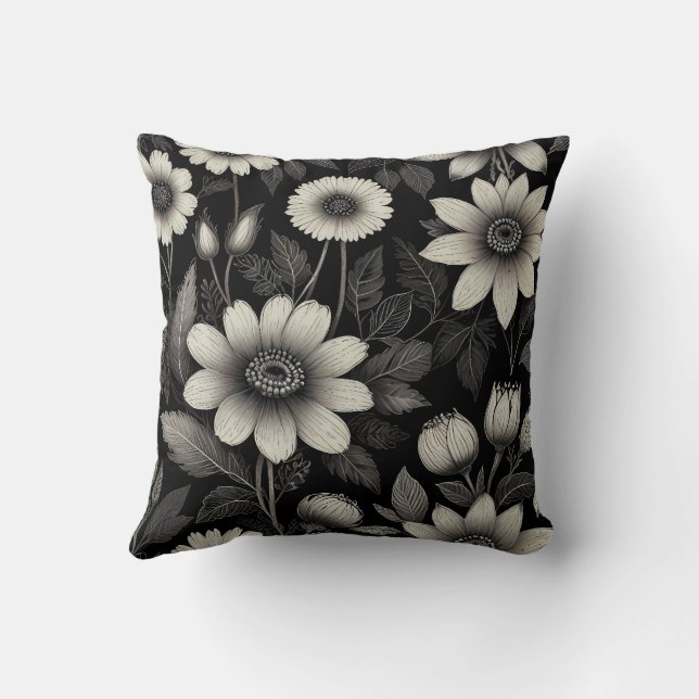 Grafikillustration av Doodle Black & White-blommor Kudde (Baksida)