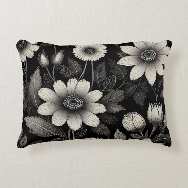 Grafikillustration av Doodle Black & White-blommor Prydnadskudde (Framsidan)