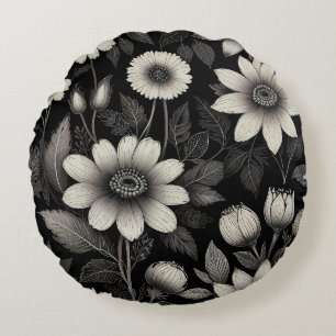 Grafikillustration av Doodle Black & White-blommor Rund Kudde
