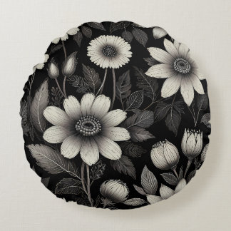 Grafikillustration av Doodle Black & White-blommor Rund Kudde