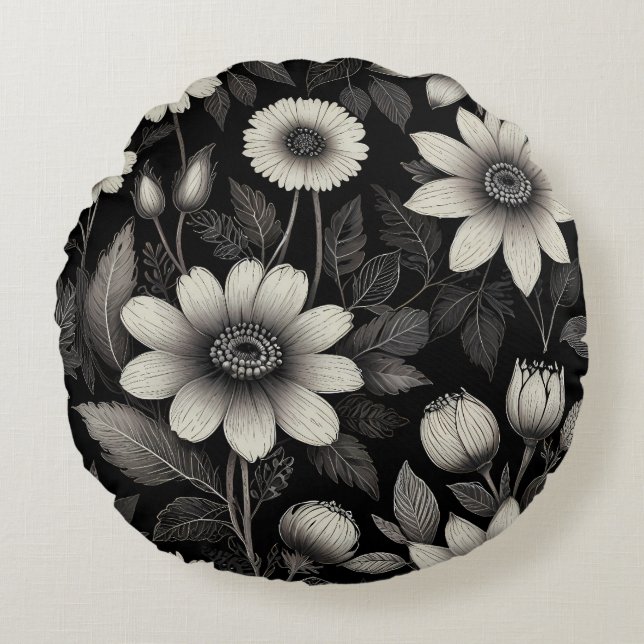 Grafikillustration av Doodle Black & White-blommor Rund Kudde (Framsidan)