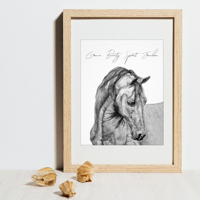 Grafikpenna för häst, svart och vit teckning fototryck (Original horse pencil drawing, graphit pencil horse art print with personalized quote.)