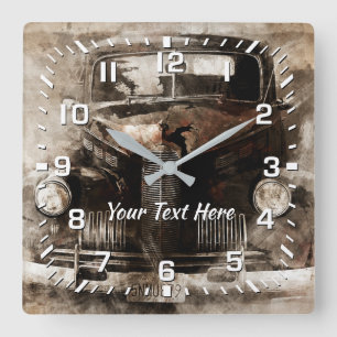 Grafisk vintage car din text fyrkantig klocka