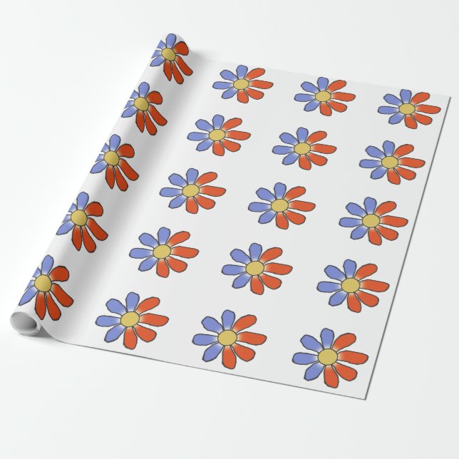 Grafiska blommor delar röda blått på någon färg presentpapper (Utrullad)
