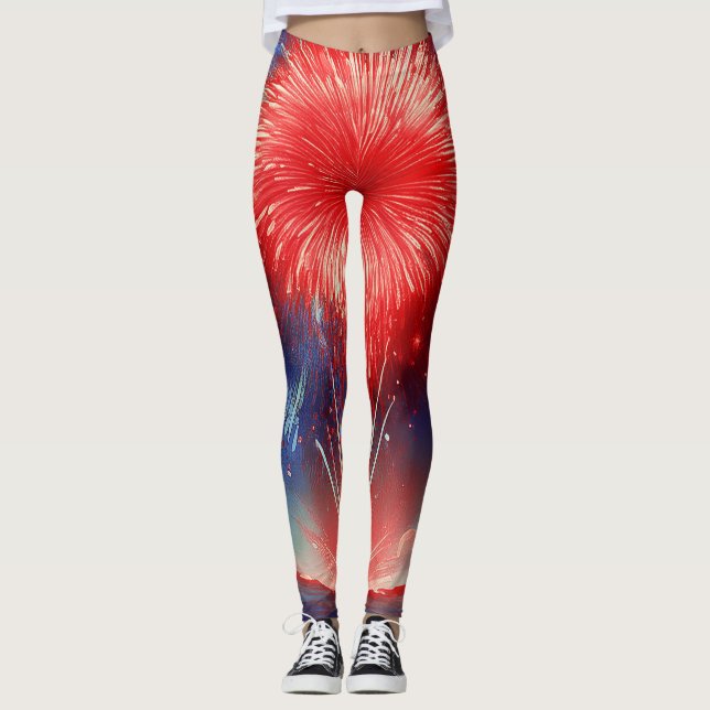 Grafiska röda, vita och blå fyrverkerier i moln  leggings (Framsida)