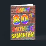 Grafitti inspirerad 80TH FÖDELSEDAG för Kort<br><div class="desc">Bekläda av denna vibrerande, spännande och roliga födelsedag-themed hälsningkortdesign presenterar meddelandet "den 80TH FÖDELSEDAGEN för LYCKLIG" med brev som har ett mångfärgat mönster för regnbågenågot liknandelutning och en gult för anpassadenamnfärgad, på en bakgrund för tegelstenväggmönster. Stilen inspireras av det av grafitti- eller gatakonst som dras på väggen. Insidan presenterar ett...</div>