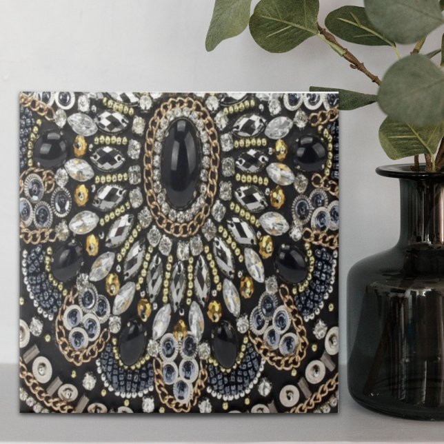 Gråglam konst deco black guld bohemian kakelplatta (girly glam art deco black gold bohemian ceramic tile)
